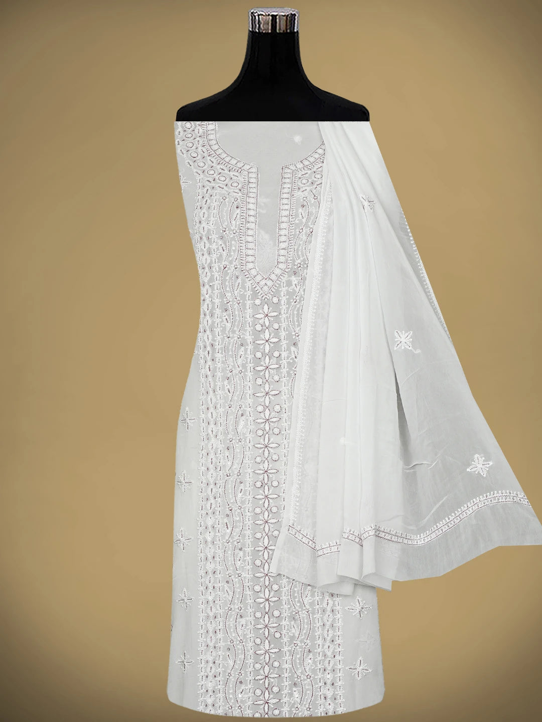 Ada Hand Embroidered White Viscose Georgette Lucknowi Chikankari Unstitched Kurta Dupatta Set With Cutdana Work 01A922555