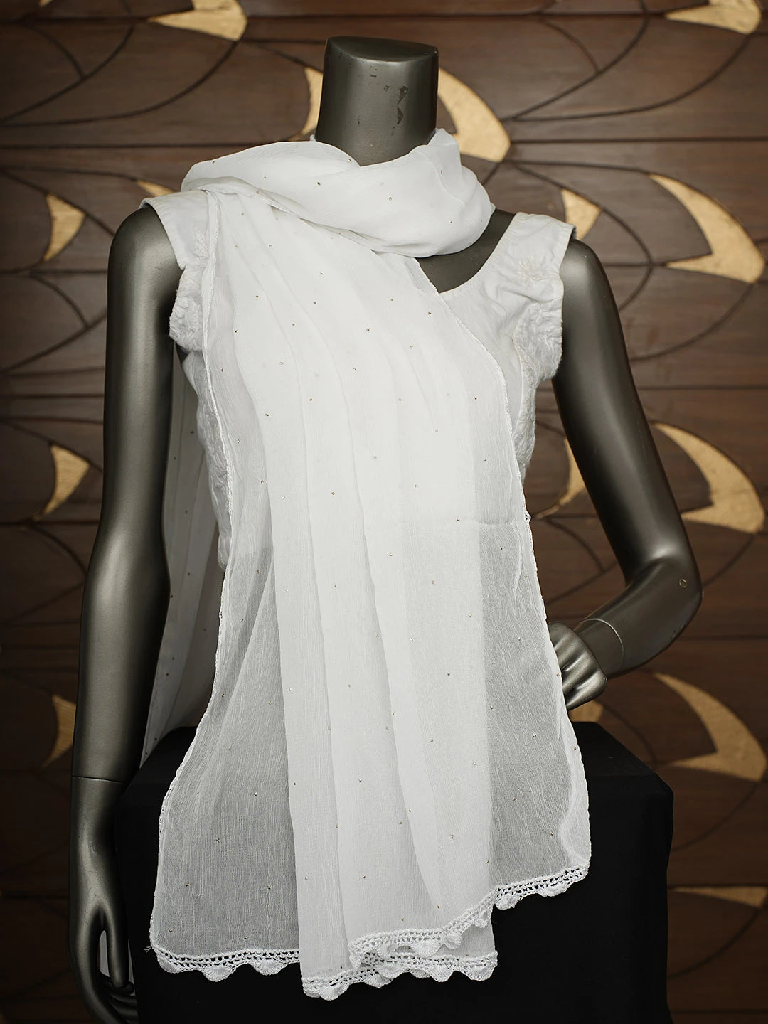 Ada Hand Embroidered White Chiffon Dupatta With Muqaish/Mukaish Work 01A955509