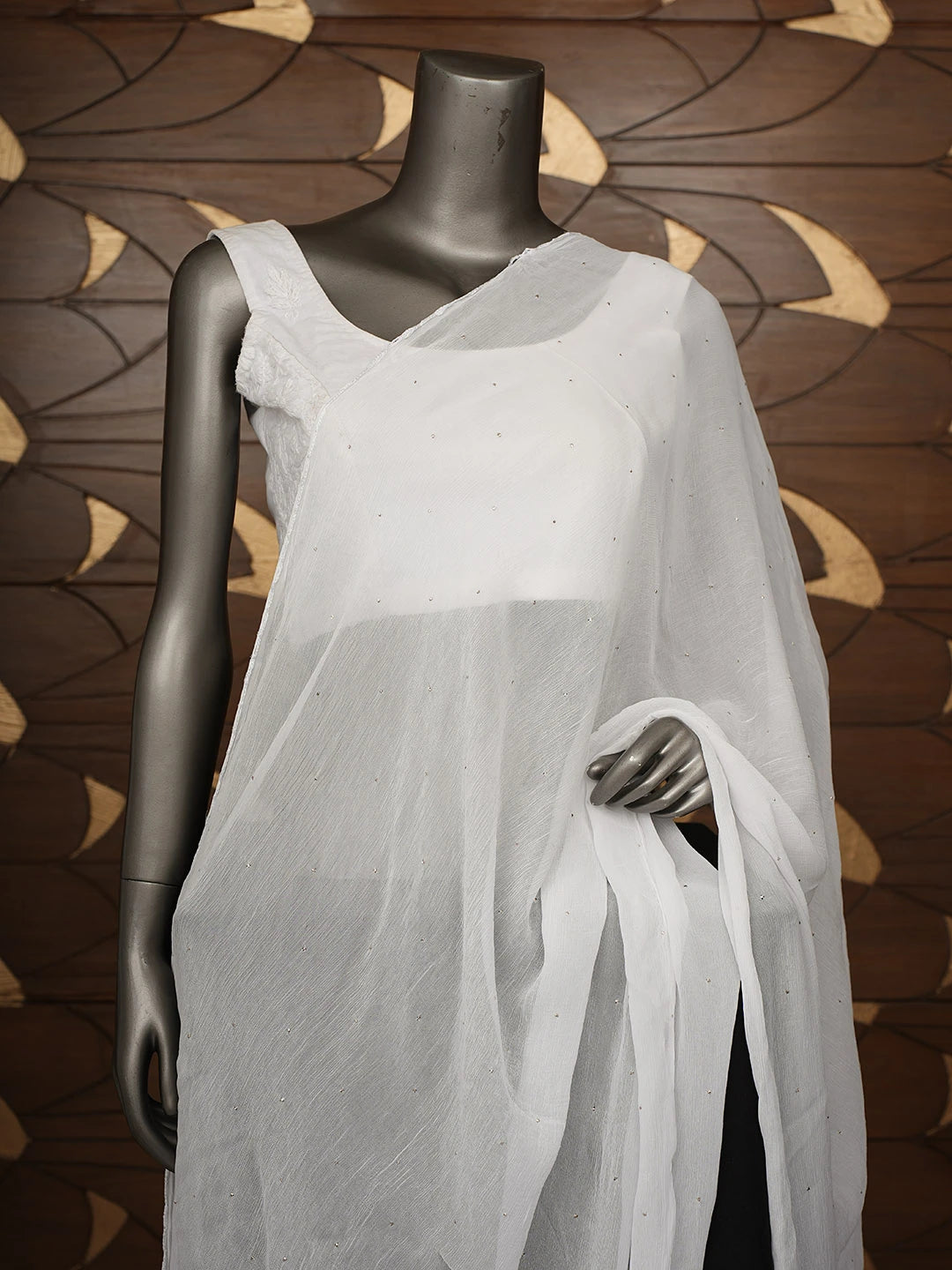 Ada Hand Embroidered White Chiffon Dupatta With Muqaish/Mukaish Work 01A955509
