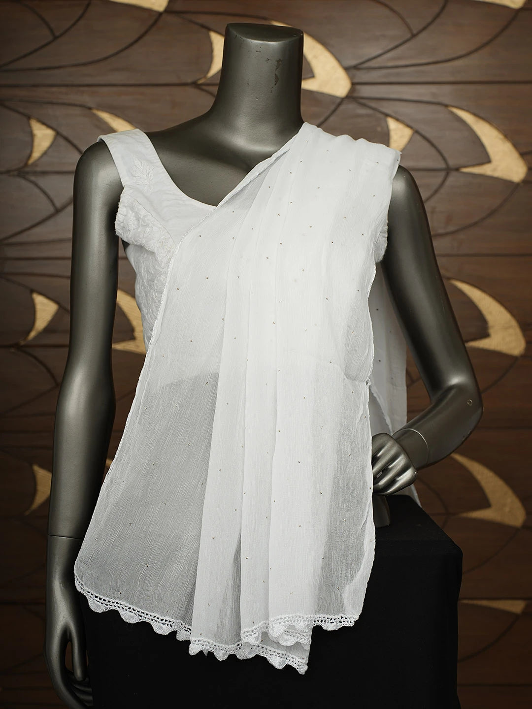 Ada Hand Embroidered White Chiffon Dupatta With Muqaish/Mukaish Work 01A955509