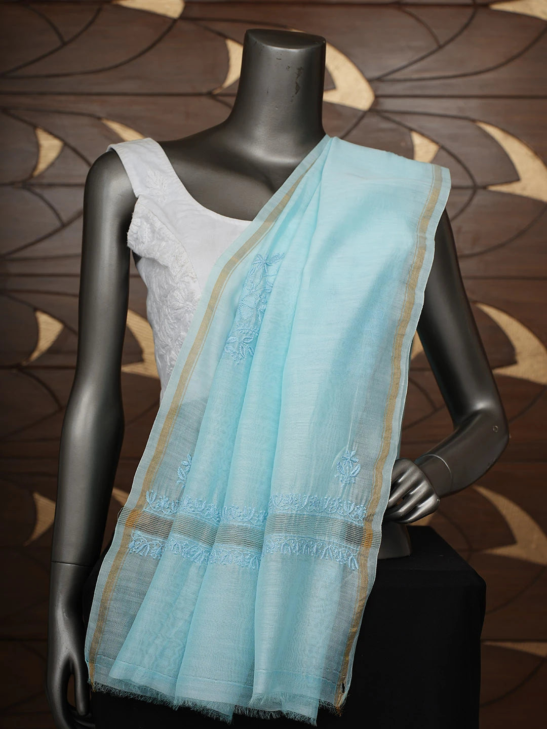 Ada Hand Embroidered Blue Chanderi Lucknowi Chikankari Dupatta 01A922689