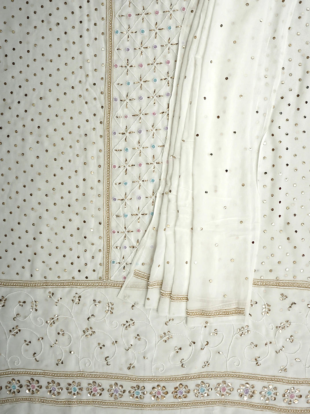 Ada Hand Embroidered White Viscose Georgette Unstitched Kurta Dupatta Set With Muqaish/Mukaish Work 01A957867