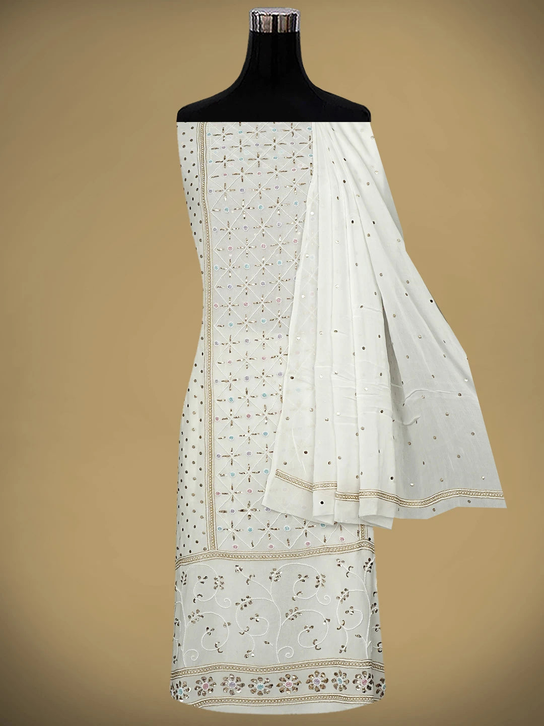 Ada Hand Embroidered White Viscose Georgette Unstitched Kurta Dupatta Set With Muqaish/Mukaish Work 01A957867