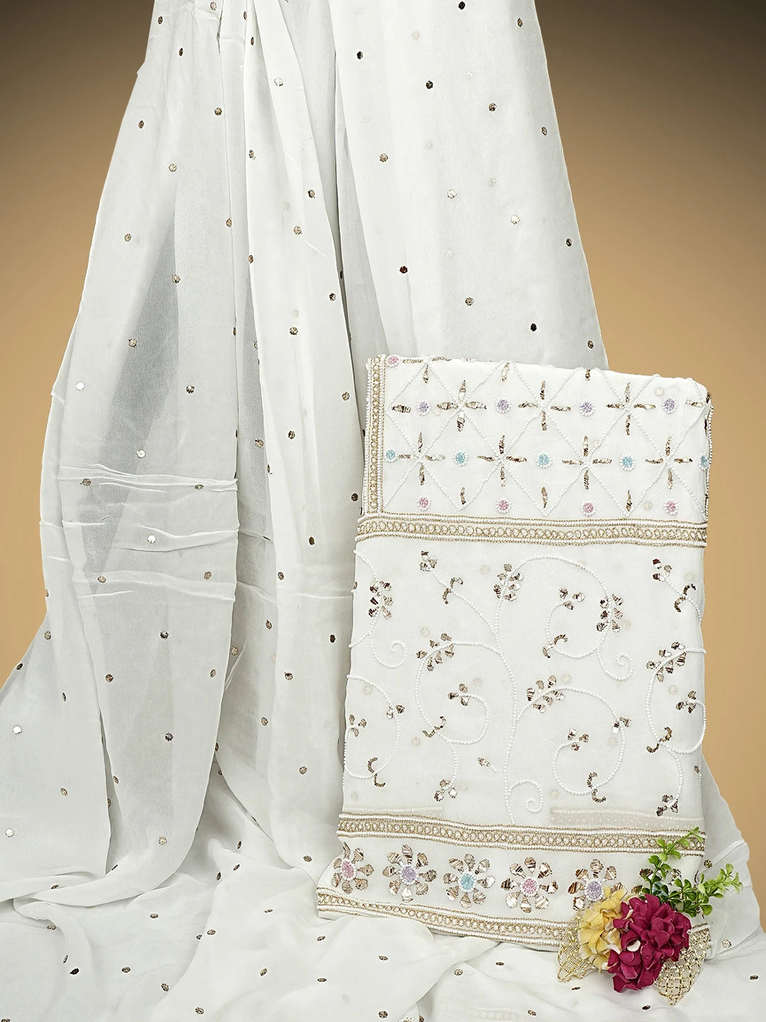 Ada Hand Embroidered White Viscose Georgette Unstitched Kurta Dupatta Set With Muqaish/Mukaish Work 01A957867