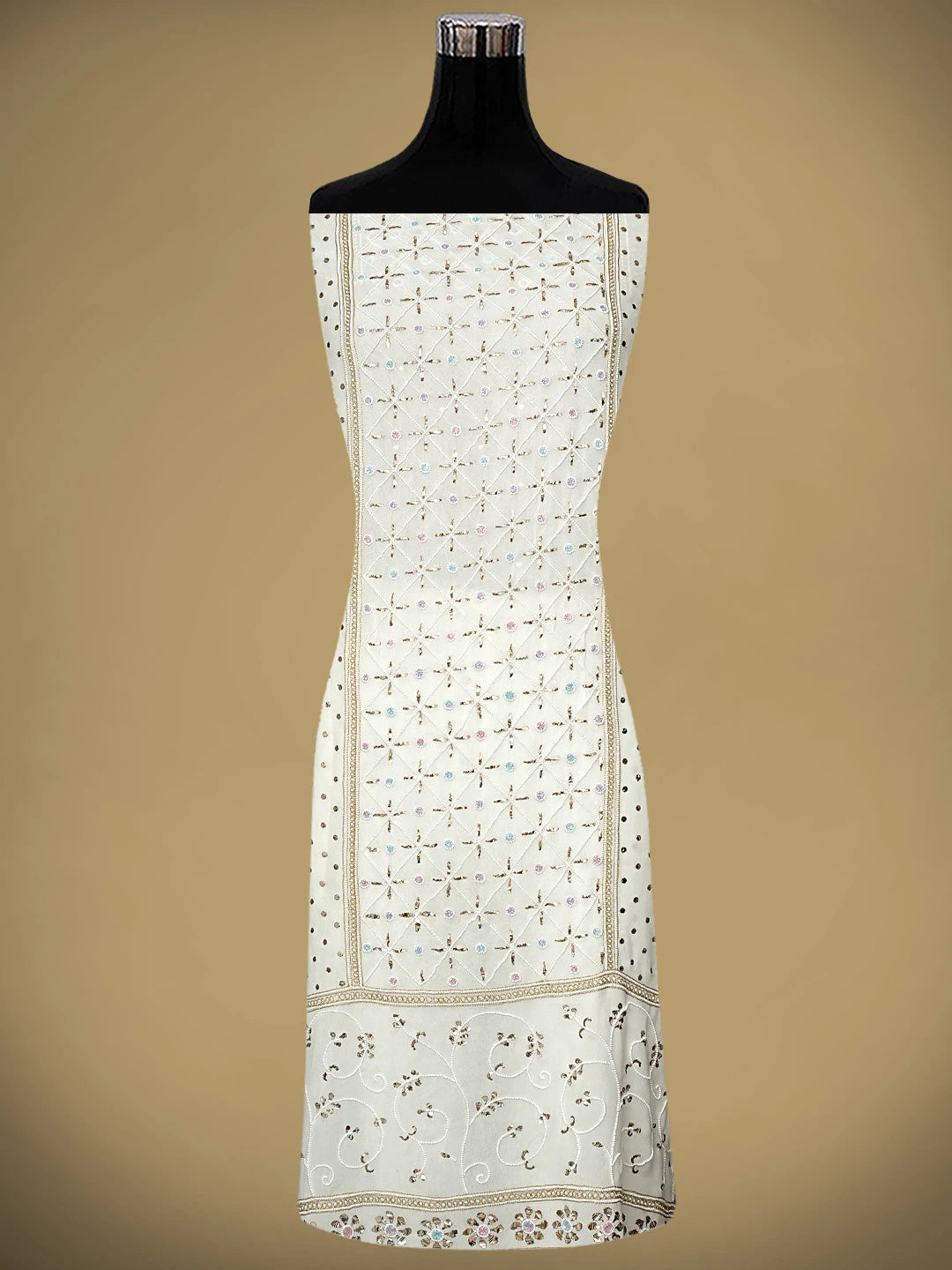 Ada Hand Embroidered White Viscose Georgette Unstitched Kurta Dupatta Set With Muqaish/Mukaish Work 01A957867