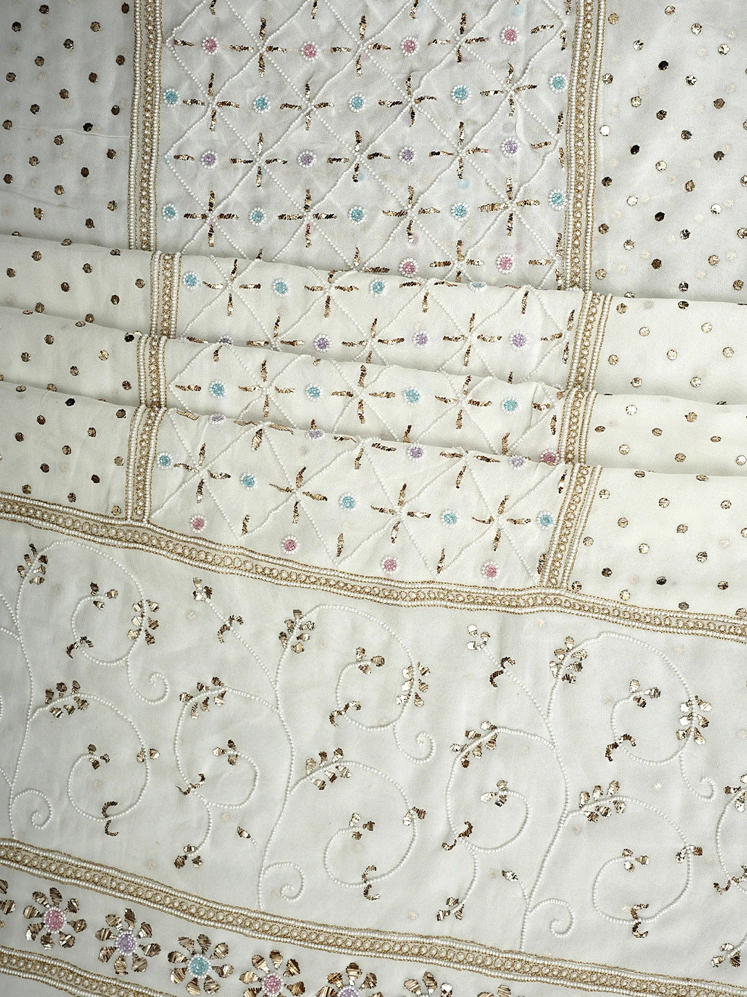 Ada Hand Embroidered White Viscose Georgette Unstitched Kurta Dupatta Set With Muqaish/Mukaish Work 01A957867