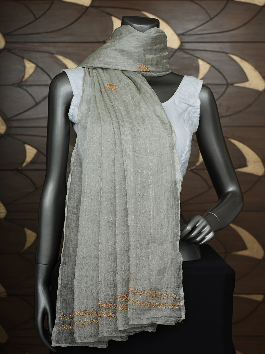 Ada Hand Embroidered Grey Tissue Lucknowi Chikankari Dupatta 01A952415
