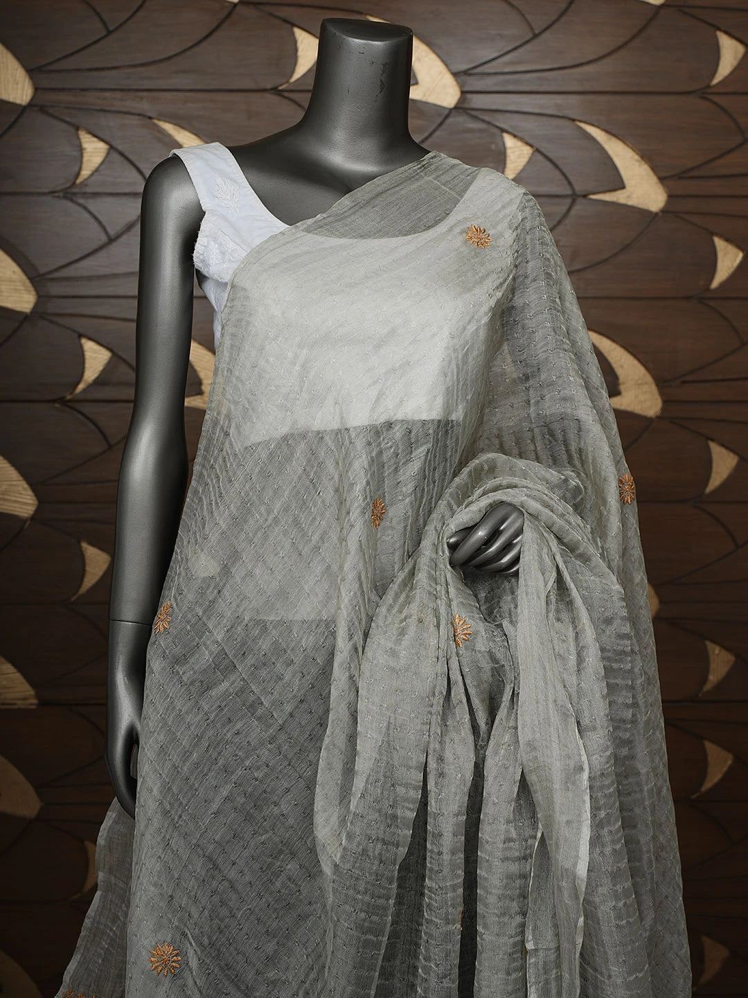 Ada Hand Embroidered Grey Tissue Lucknowi Chikankari Dupatta 01A952415