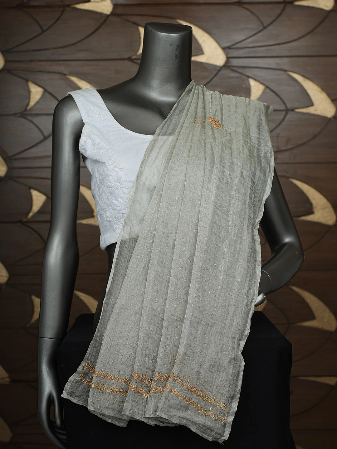 Ada Hand Embroidered Grey Tissue Lucknowi Chikankari Dupatta 01A952415