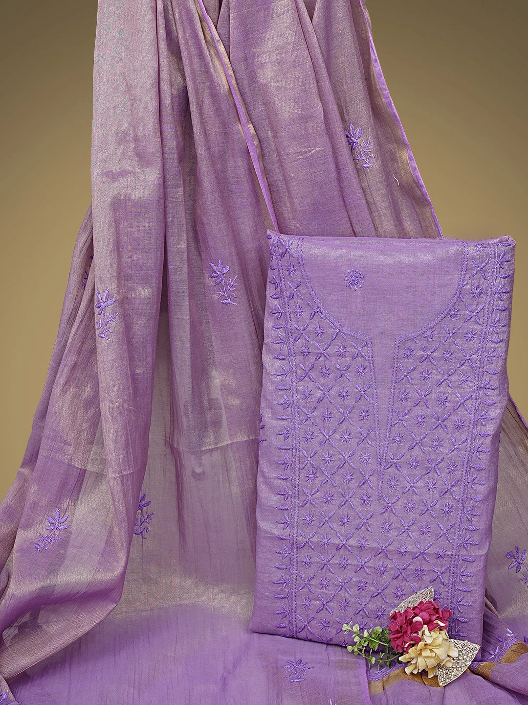 Ada Hand Embroidered Lavender Tissue Lucknowi Chikankari Unstitched Kurta Dupatta Set 01A946088