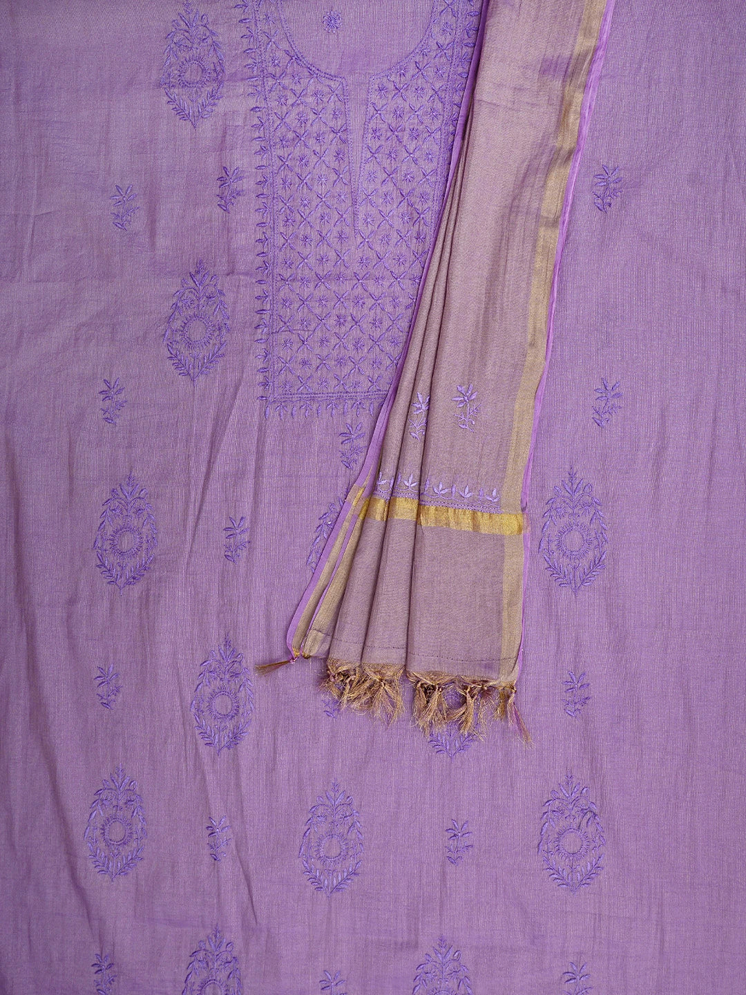 Ada Hand Embroidered Lavender Tissue Lucknowi Chikankari Unstitched Kurta Dupatta Set 01A946088