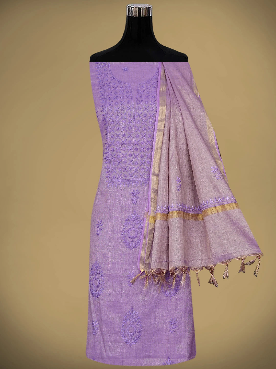 Ada Hand Embroidered Lavender Tissue Lucknowi Chikankari Unstitched Kurta Dupatta Set 01A946088