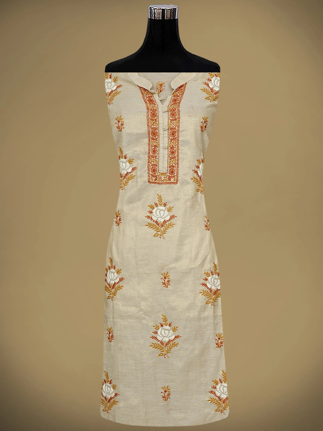 Ada Hand Embroidered Fawn Tissue Lucknowi Chikankari Semi-Stitched Kurta Dupatta Set 01A901096