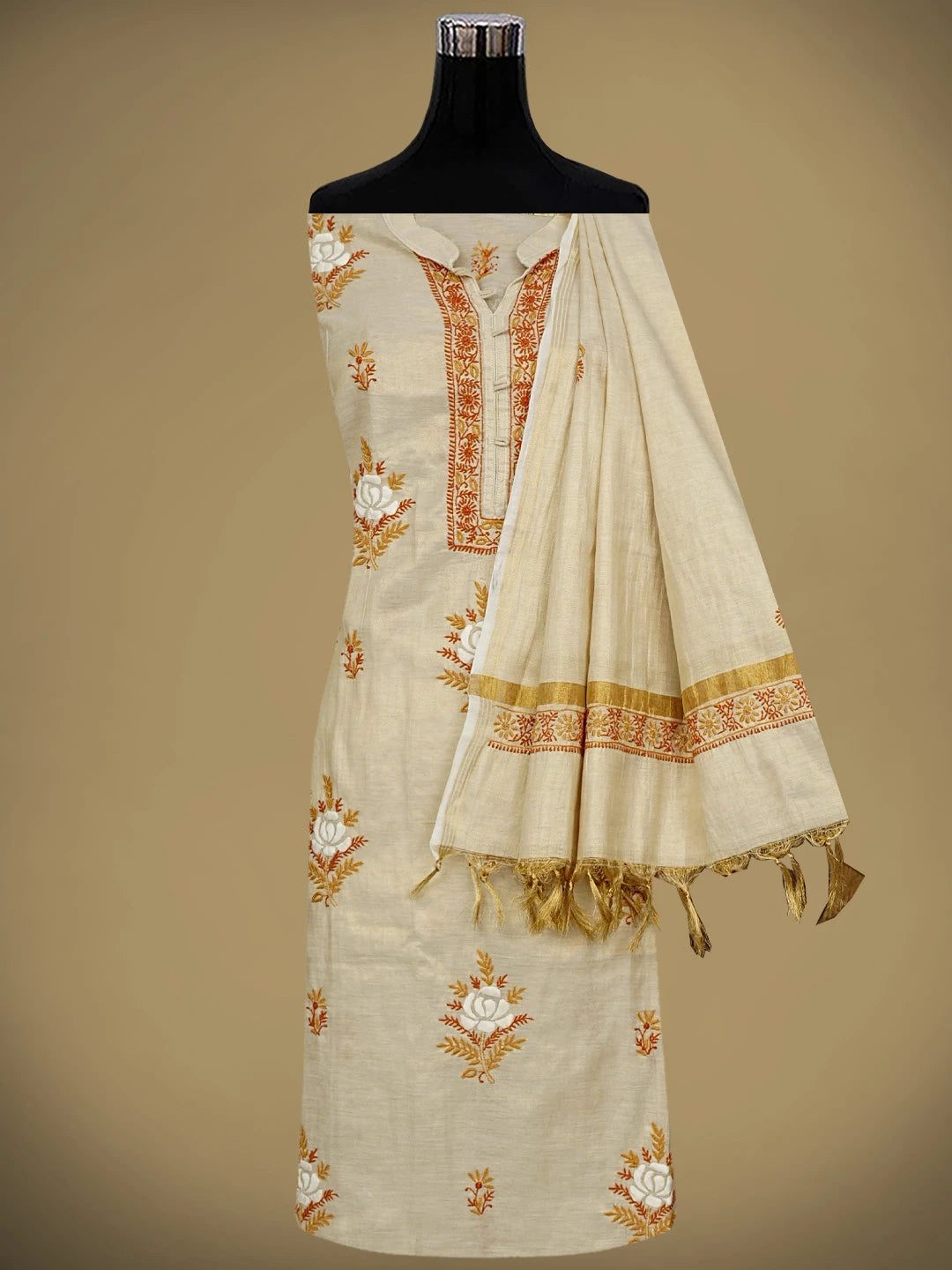 Ada Hand Embroidered Fawn Tissue Lucknowi Chikankari Semi-Stitched Kurta Dupatta Set 01A901096