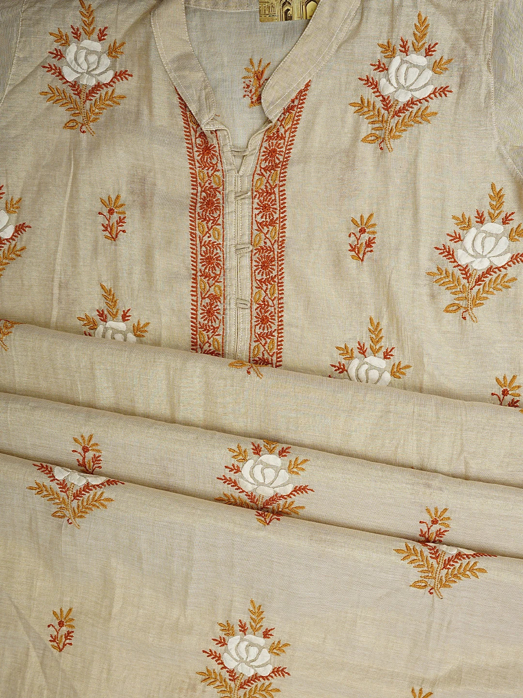 Ada Hand Embroidered Fawn Tissue Lucknowi Chikankari Semi-Stitched Kurta Dupatta Set 01A901096
