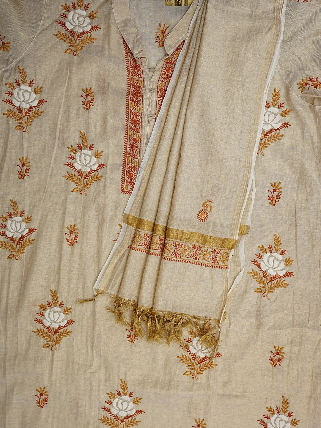 Ada Hand Embroidered Fawn Tissue Lucknowi Chikankari Semi-Stitched Kurta Dupatta Set 01A901096