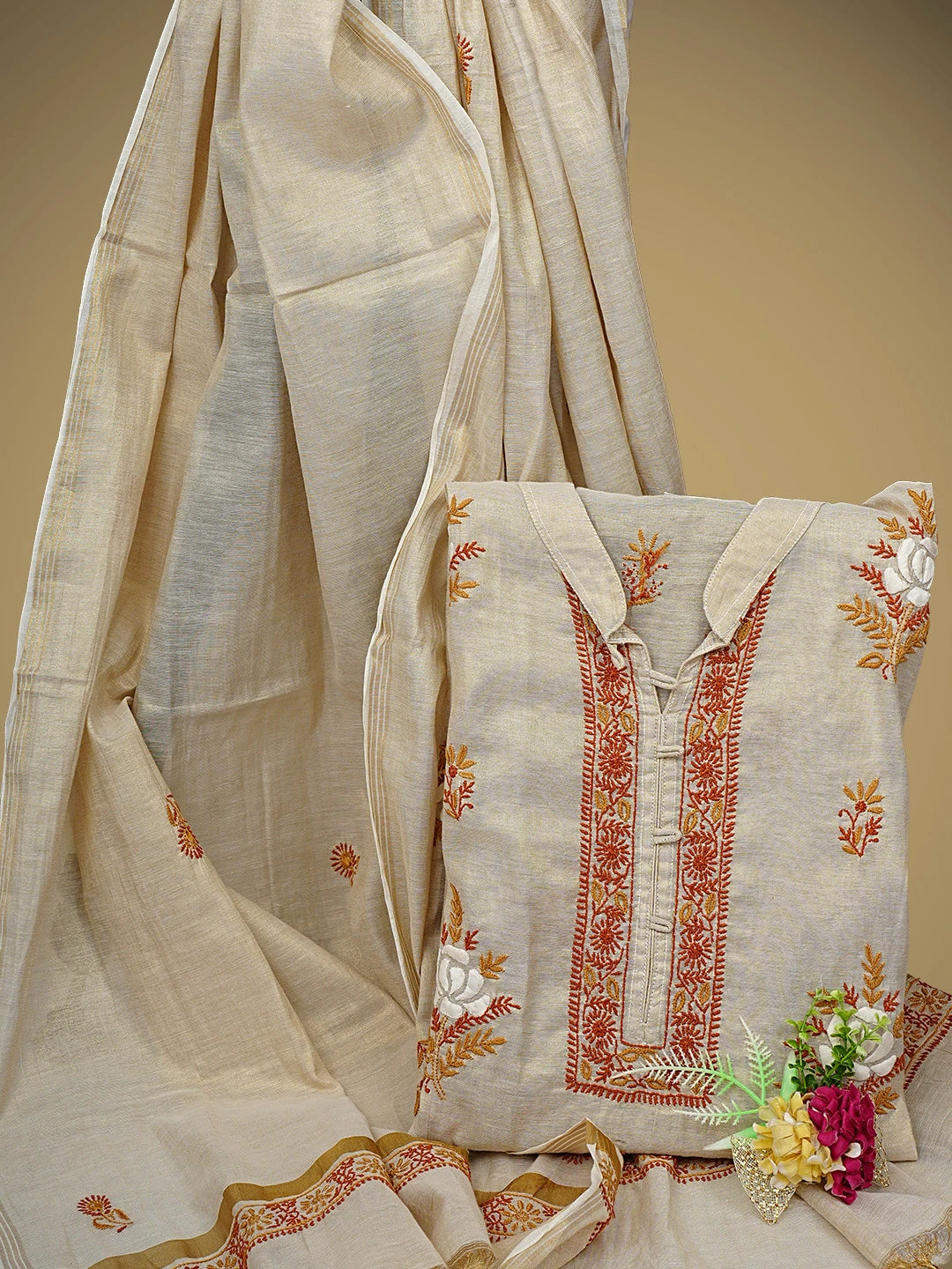 Ada Hand Embroidered Fawn Tissue Lucknowi Chikankari Semi-Stitched Kurta Dupatta Set 01A901096