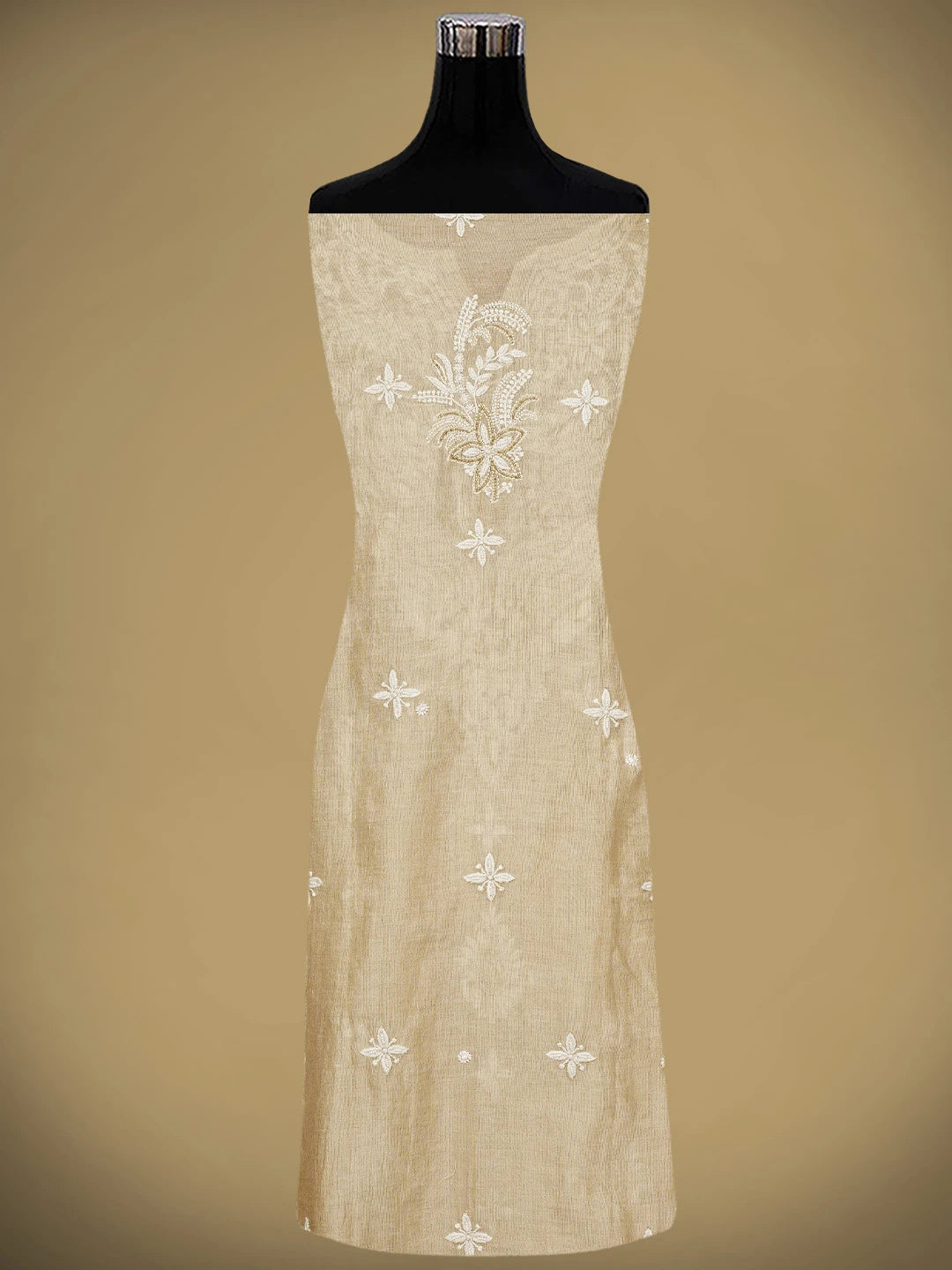 Ada Hand Embroidered Fawn Tissue Lucknowi Chikankari Semi-Stitched Kurta Piece With Cutdana Work 01A951350