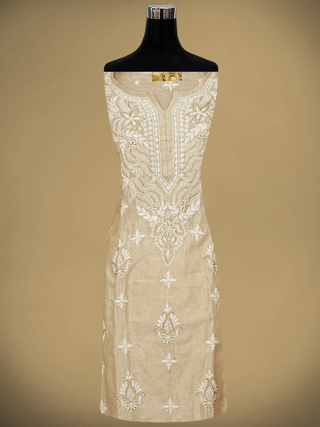 Ada Hand Embroidered Fawn Tissue Lucknowi Chikankari Semi-Stitched Kurta Piece With Cutdana Work 01A951350