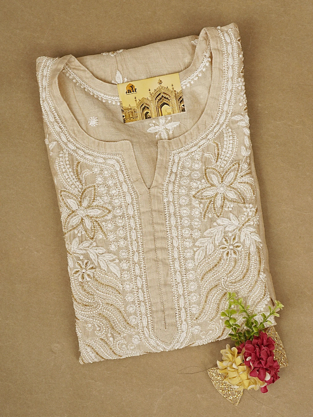 Ada Hand Embroidered Fawn Tissue Lucknowi Chikankari Semi-Stitched Kurta Piece With Cutdana Work 01A951350