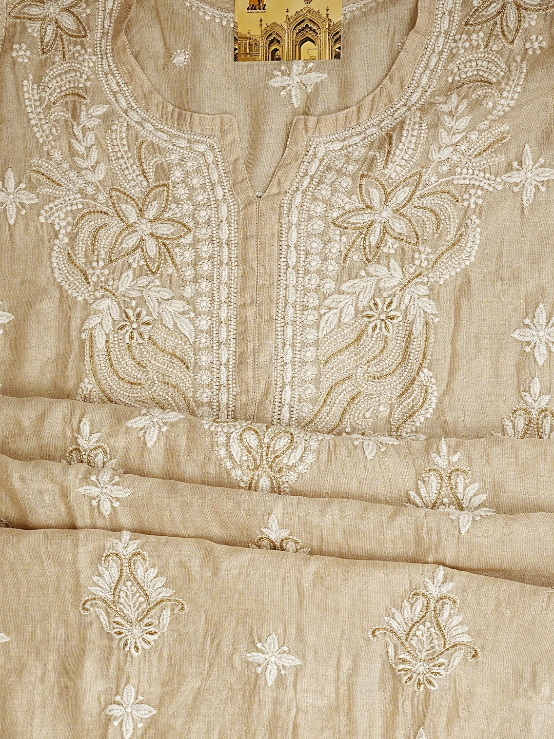 Ada Hand Embroidered Fawn Tissue Lucknowi Chikankari Semi-Stitched Kurta Piece With Cutdana Work 01A951350