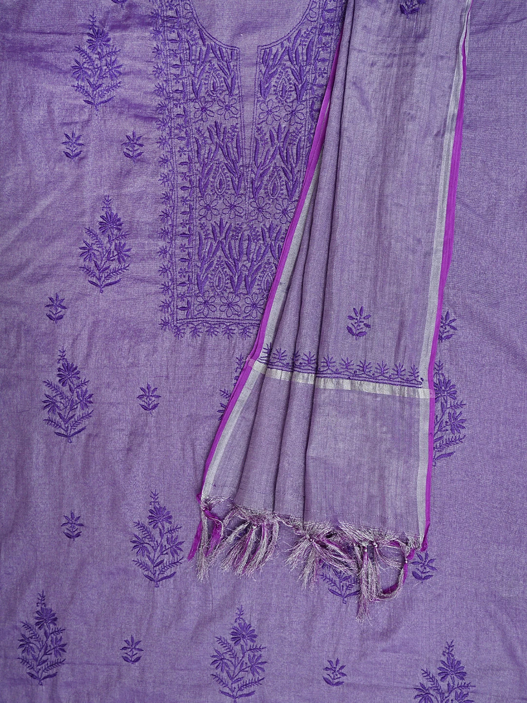 Ada Hand Embroidered Purple Tissue Lucknowi Chikankari Unstitched Kurta Dupatta Set 01A946082