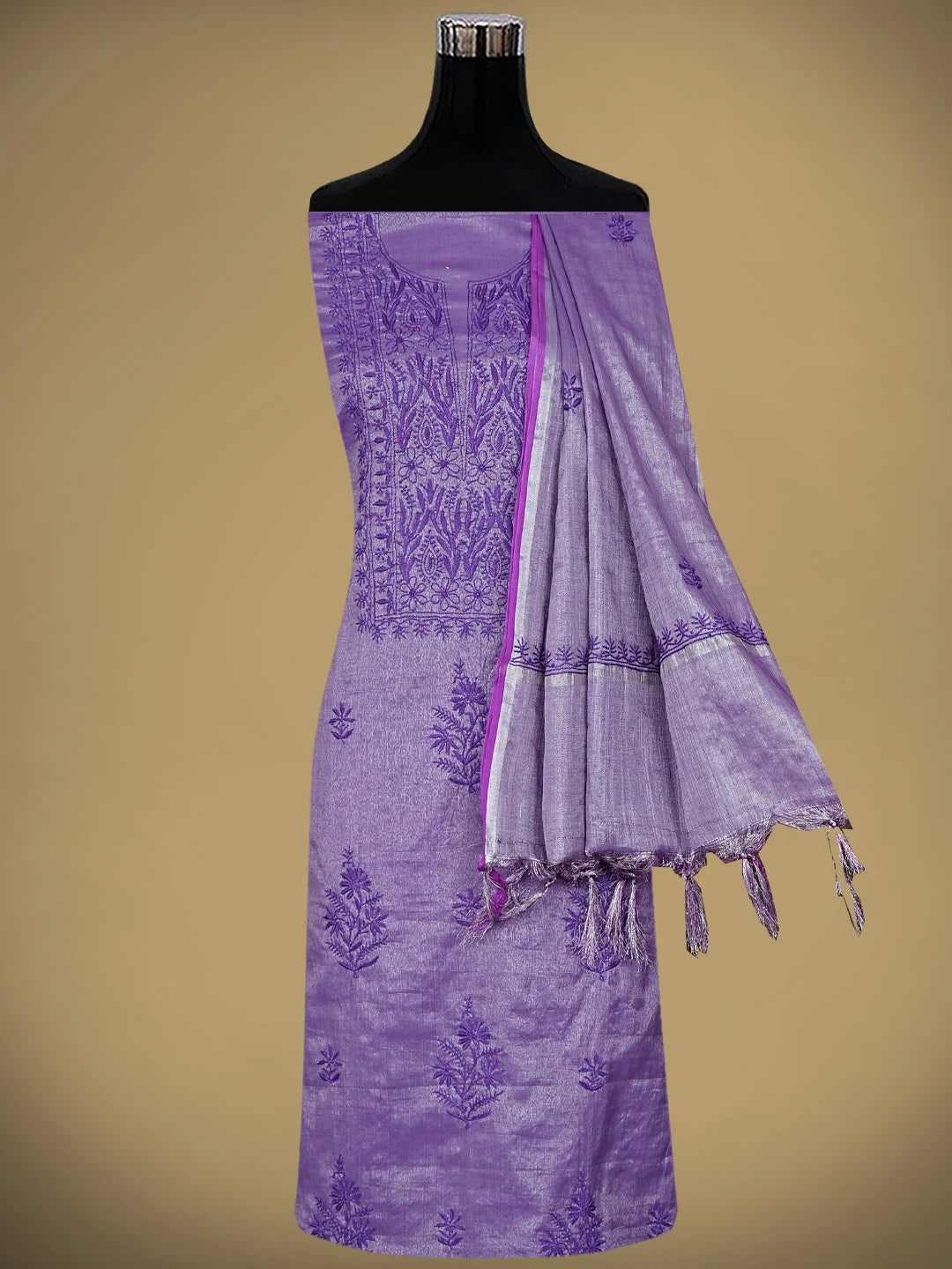 Ada Hand Embroidered Purple Tissue Lucknowi Chikankari Unstitched Kurta Dupatta Set 01A946082