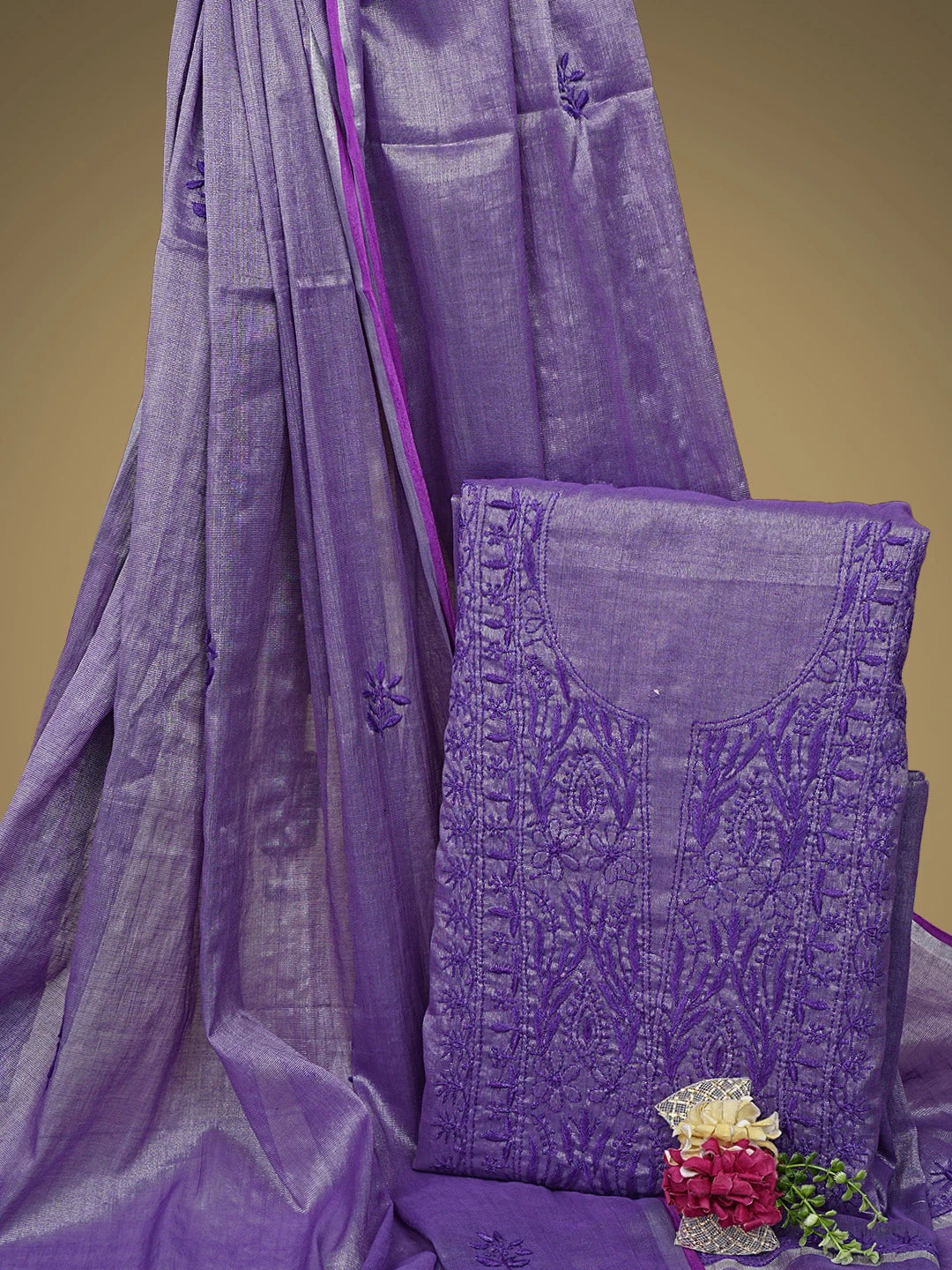Ada Hand Embroidered Purple Tissue Lucknowi Chikankari Unstitched Kurta Dupatta Set 01A946082