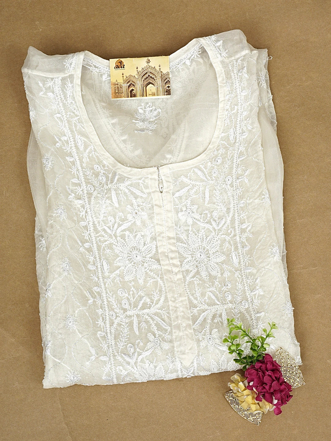 Ada Hand Embroidered White Egg Shell Organza Lucknowi Chikankari Semi-Stitched Kurta Piece With Cutdana Work 01A919647