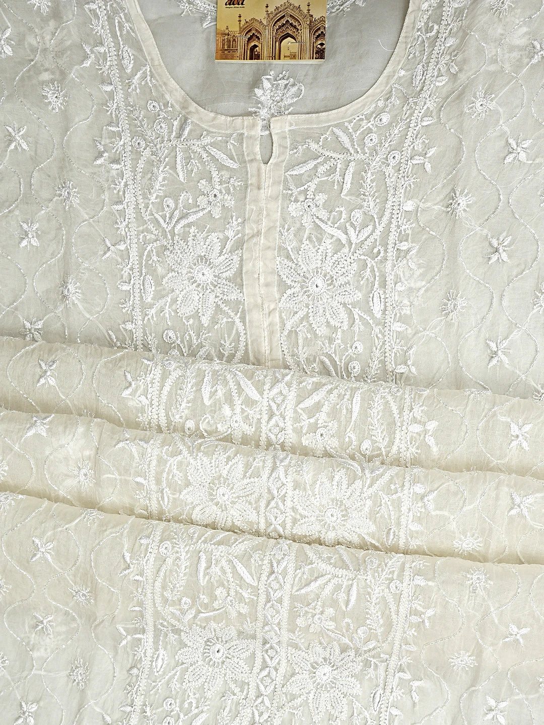 Ada Hand Embroidered White Egg Shell Organza Lucknowi Chikankari Semi-Stitched Kurta Piece With Cutdana Work 01A919647