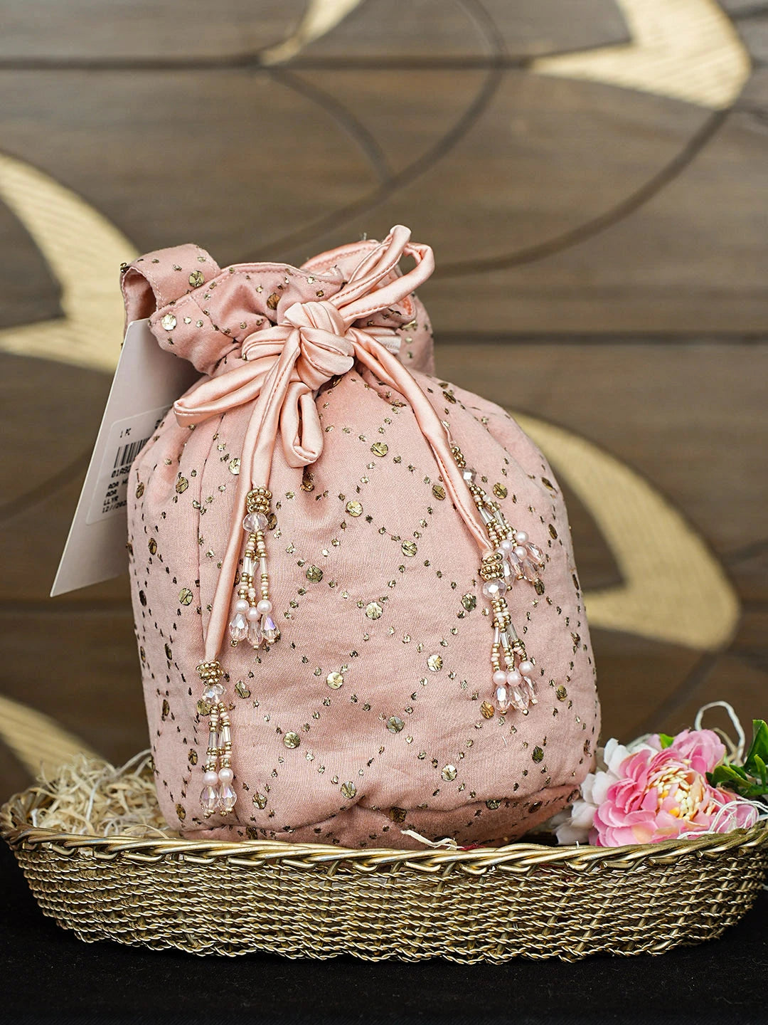 Ada Hand Embroidered Peach Chanderi Lucknowi Chikankari Potli Bag With Muqaish Work 01A921596