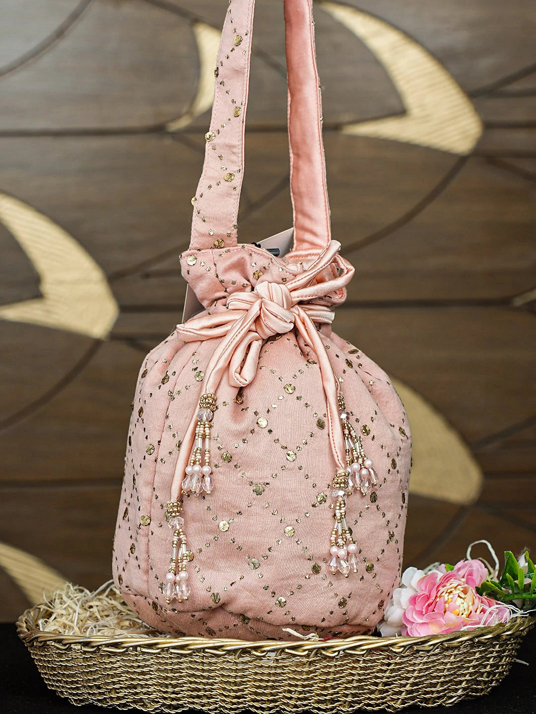 Ada Hand Embroidered Peach Chanderi Lucknowi Chikankari Potli Bag With Muqaish Work 01A921596