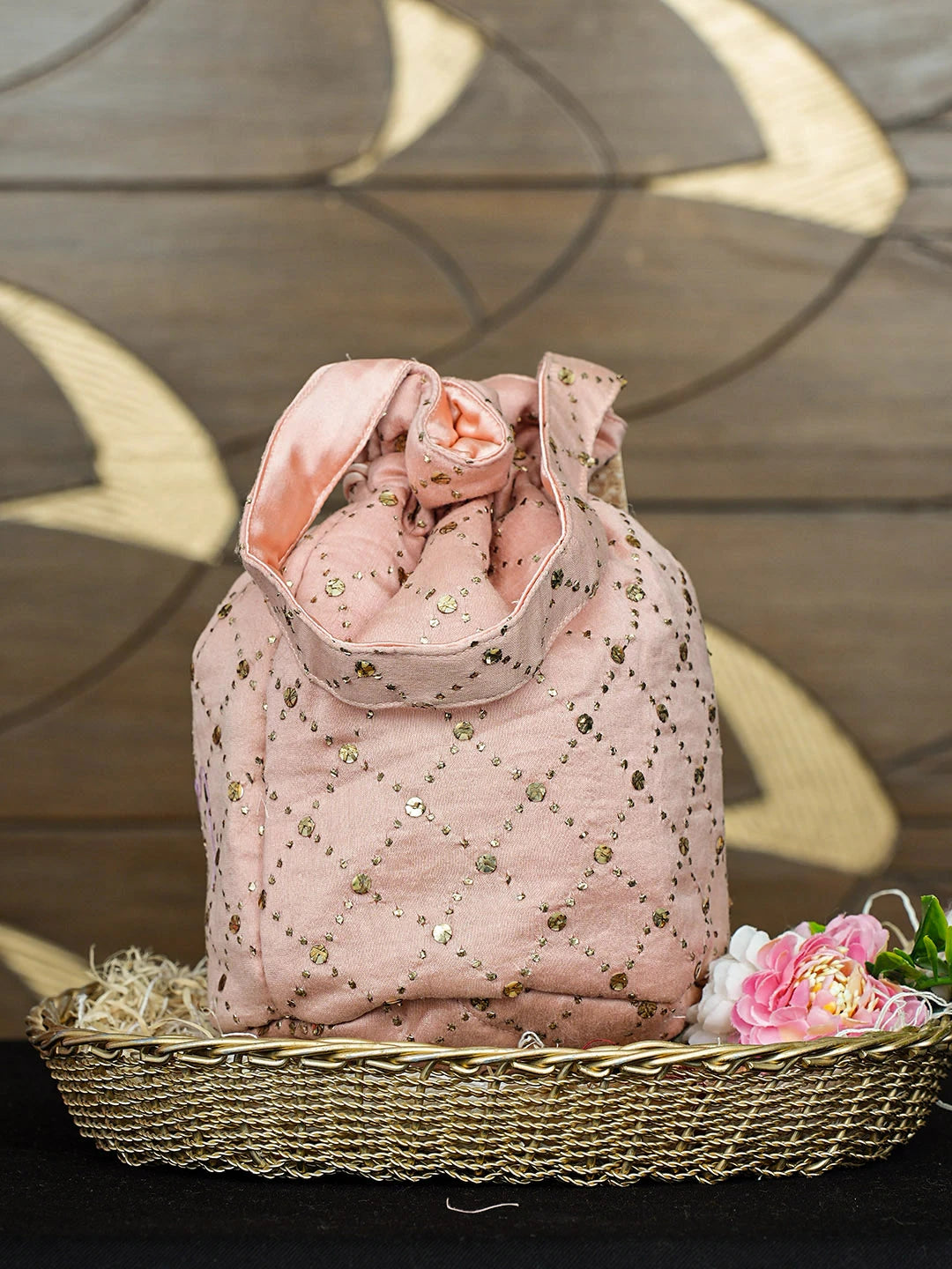 Ada Hand Embroidered Peach Chanderi Lucknowi Chikankari Potli Bag With Muqaish Work 01A921596