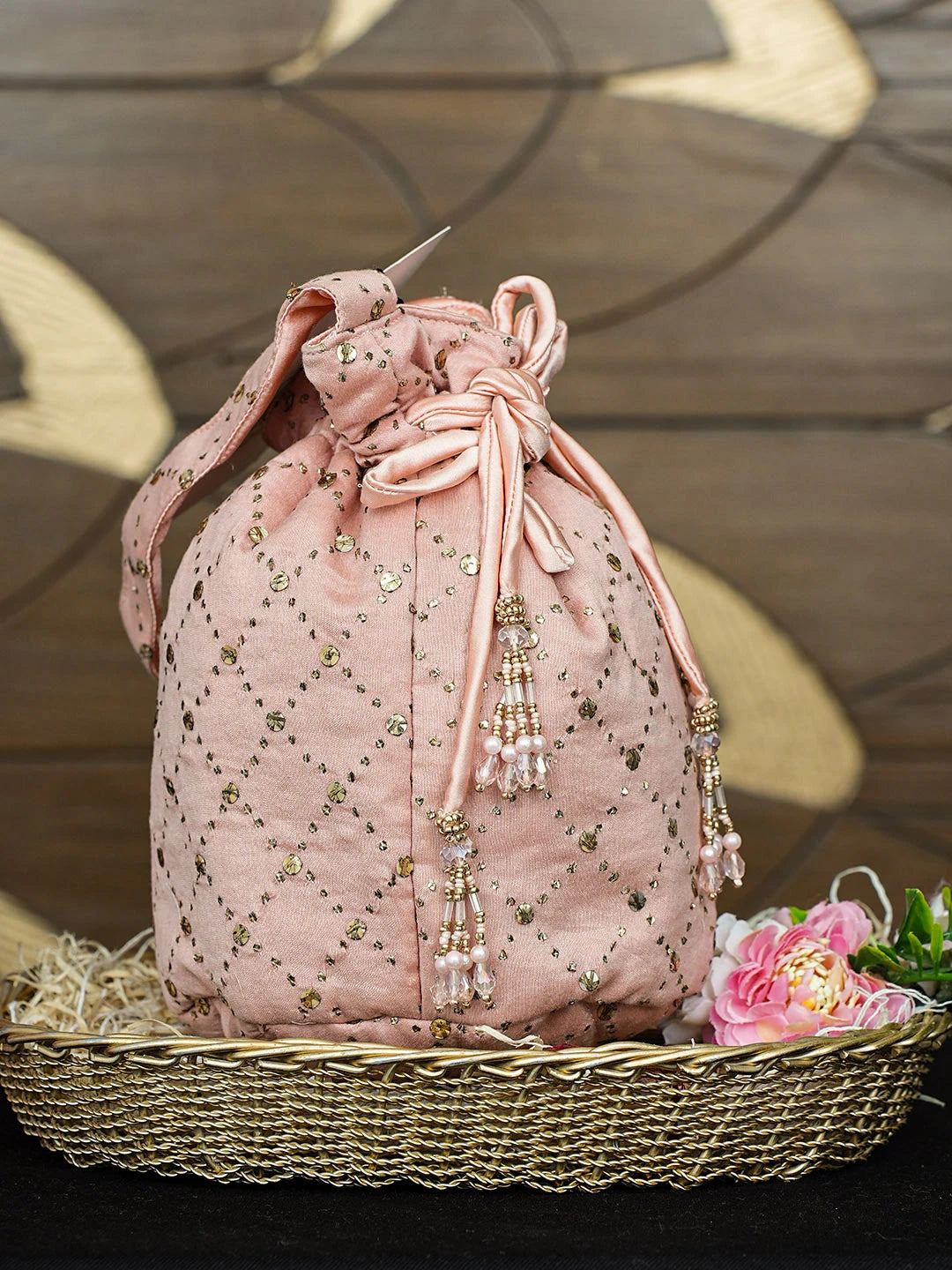 Ada Hand Embroidered Peach Chanderi Lucknowi Chikankari Potli Bag With Muqaish Work 01A921596