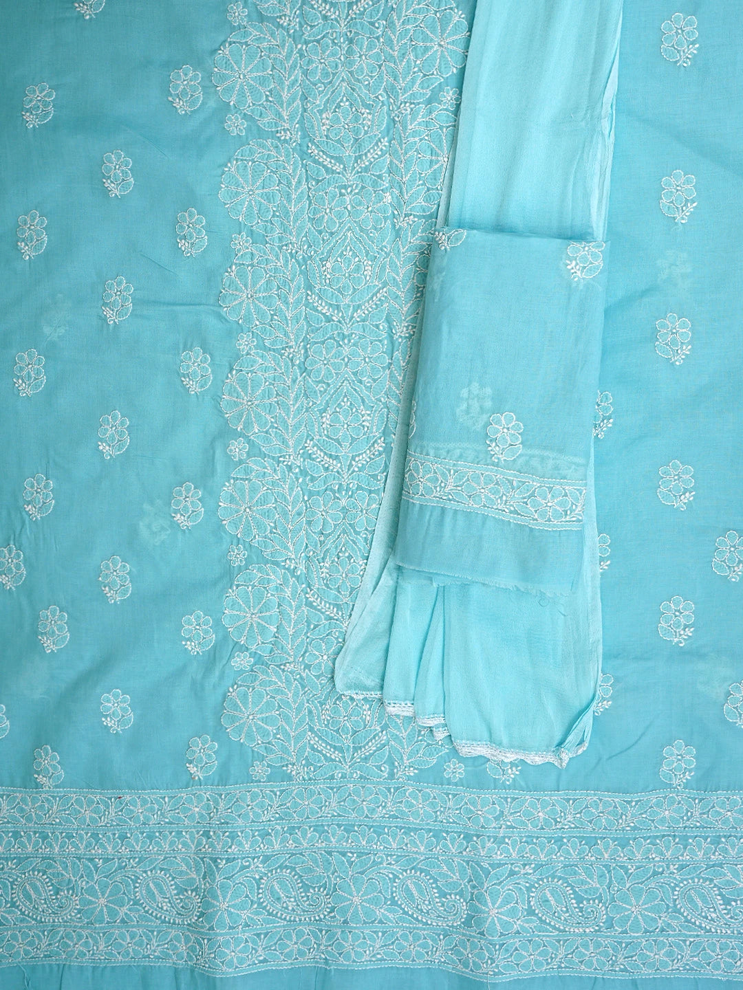 Ada Hand Embroidered Blue Cotton Lucknowi Chikankari Unstitched Suit Piece 01A960208