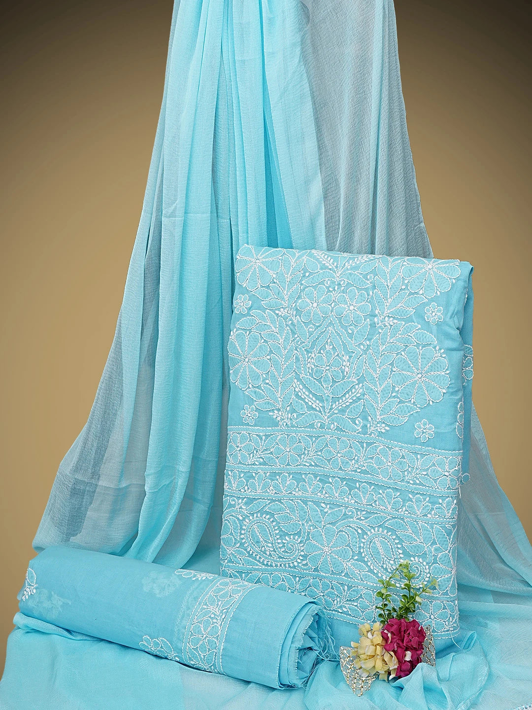 Ada Hand Embroidered Blue Cotton Lucknowi Chikankari Unstitched Suit Piece 01A960208