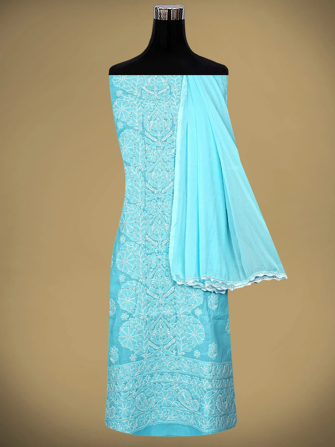 Ada Hand Embroidered Blue Cotton Lucknowi Chikankari Unstitched Suit Piece 01A960208