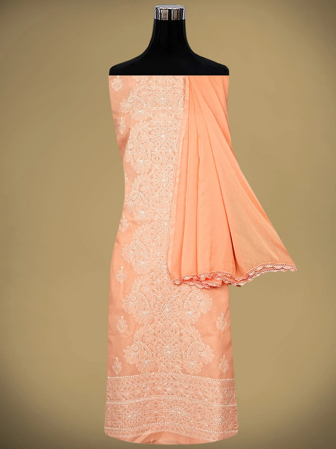 Ada Hand Embroidered Peach Cotton Lucknowi Chikankari Unstitched Suit Piece 01A960212
