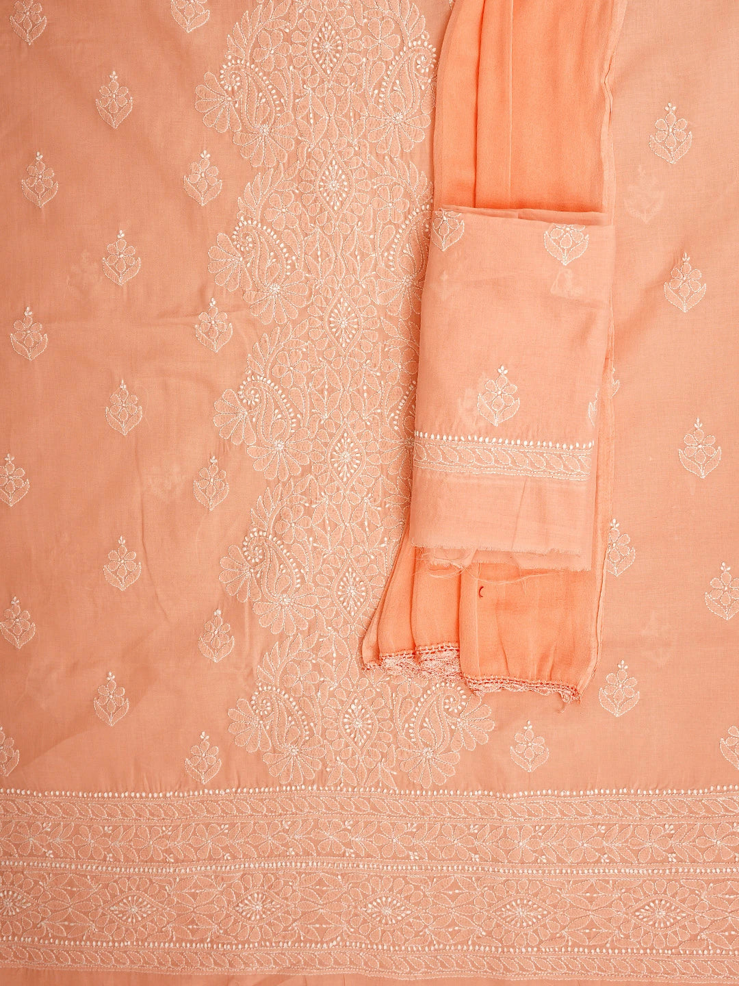 Ada Hand Embroidered Peach Cotton Lucknowi Chikankari Unstitched Suit Piece 01A960212