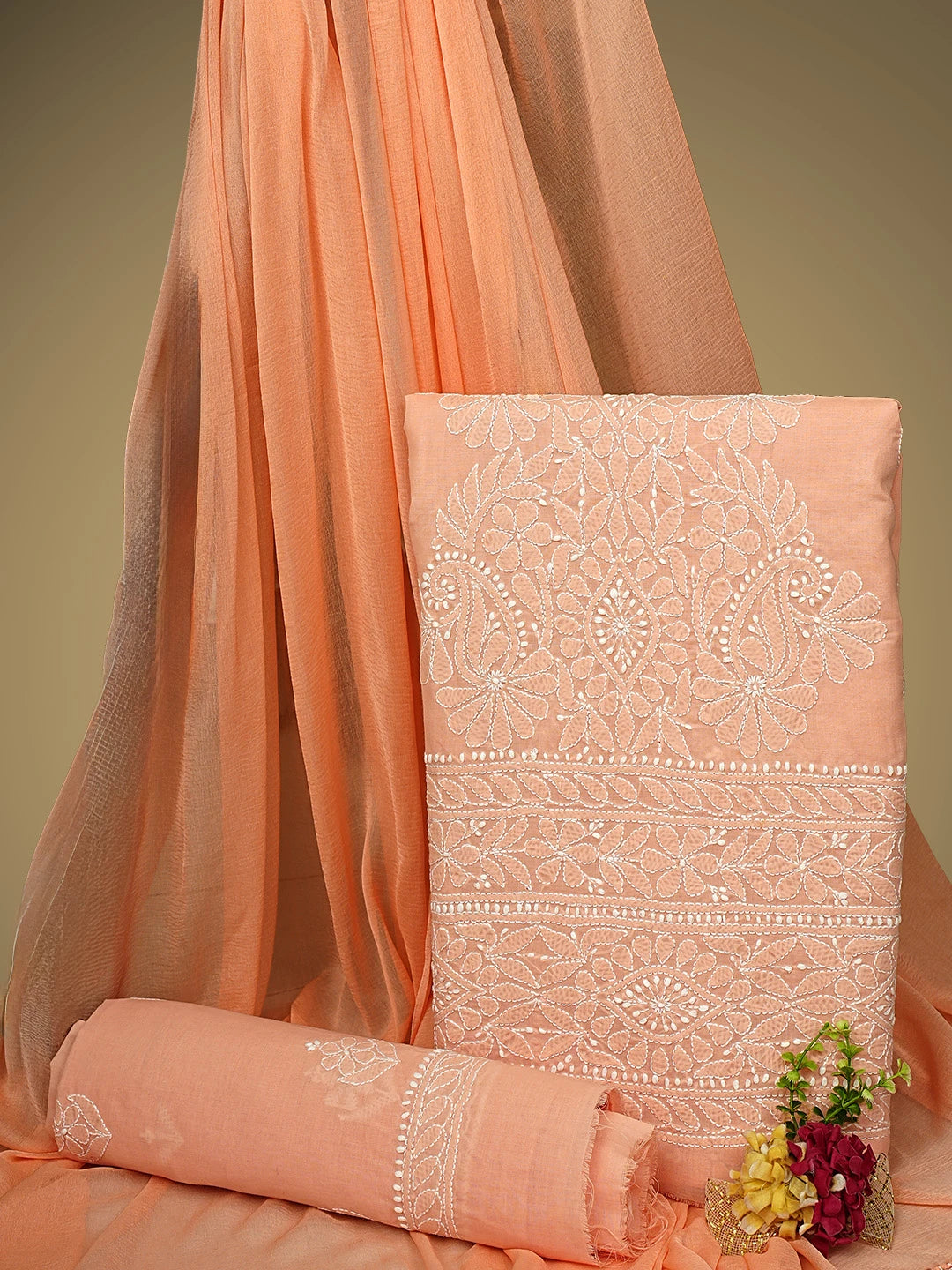 Ada Hand Embroidered Peach Cotton Lucknowi Chikankari Unstitched Suit Piece 01A960212