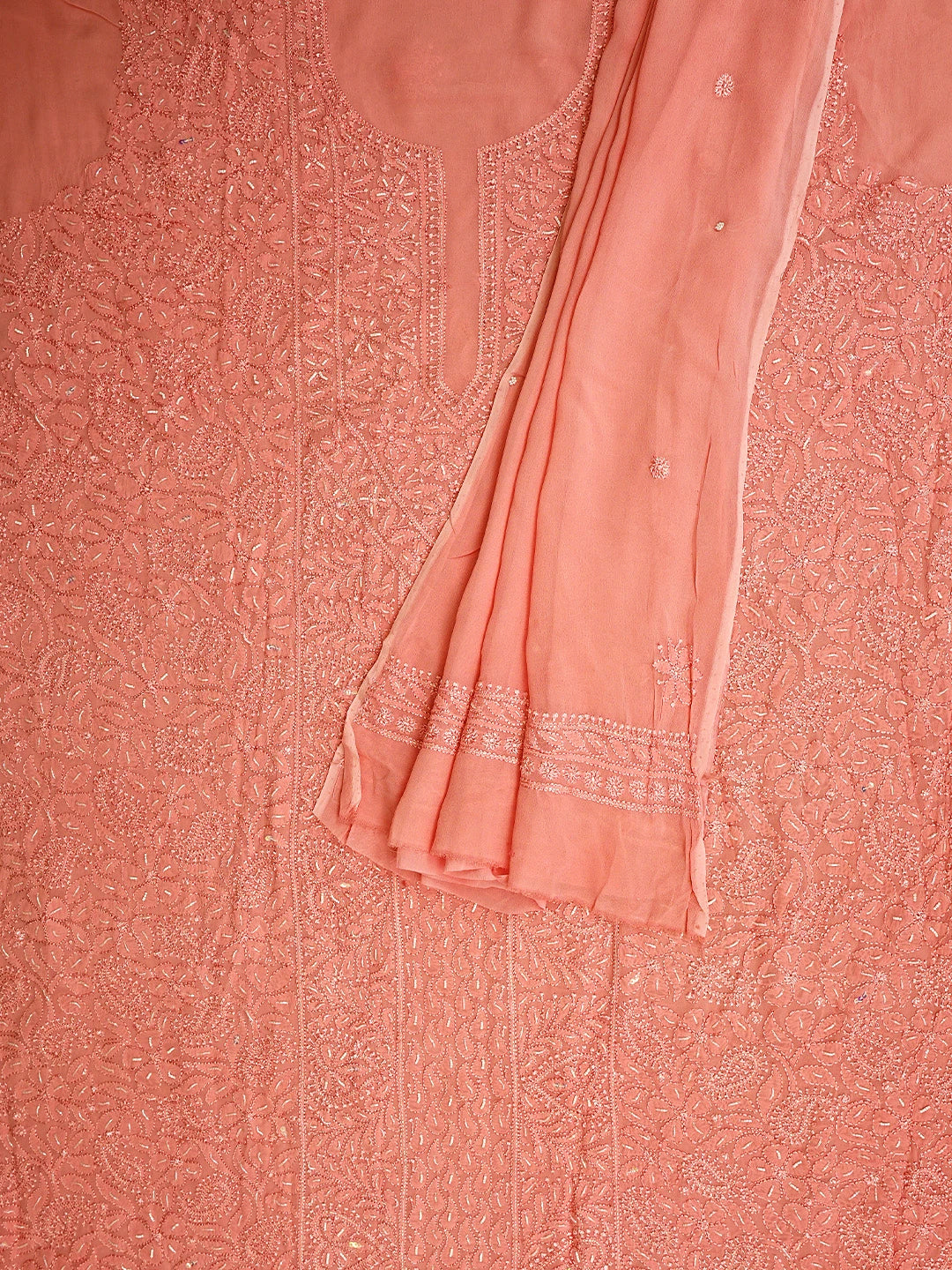 Ada Hand Embroidered Peachy Pink Viscose Georgette Lucknowi Chikankari Unstitched Kurta Dupatta Set With Zari Work 01A933568