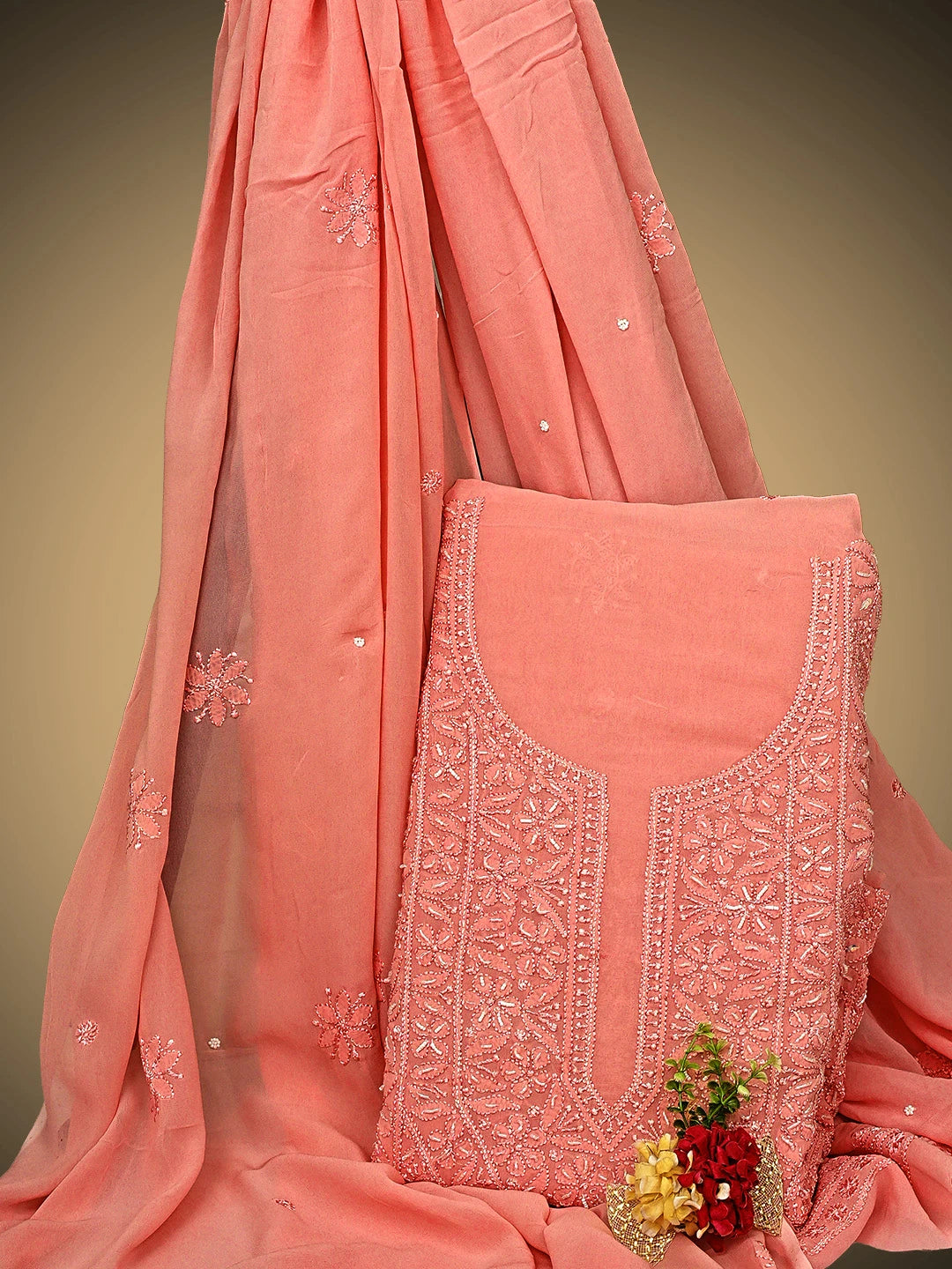 Ada Hand Embroidered Peachy Pink Viscose Georgette Lucknowi Chikankari Unstitched Kurta Dupatta Set With Zari Work 01A933568