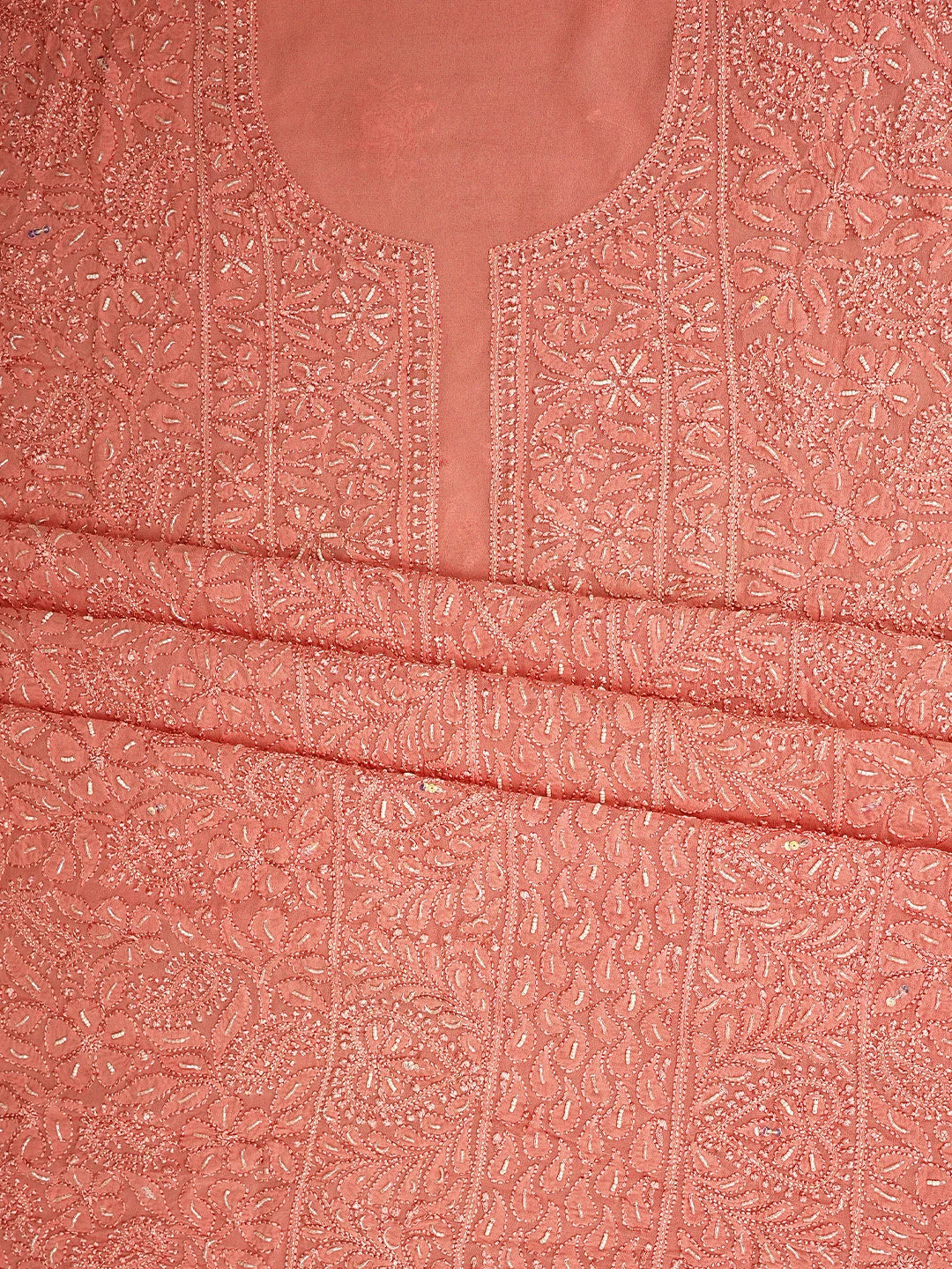 Ada Hand Embroidered Peachy Pink Viscose Georgette Lucknowi Chikankari Unstitched Kurta Dupatta Set With Zari Work 01A933568