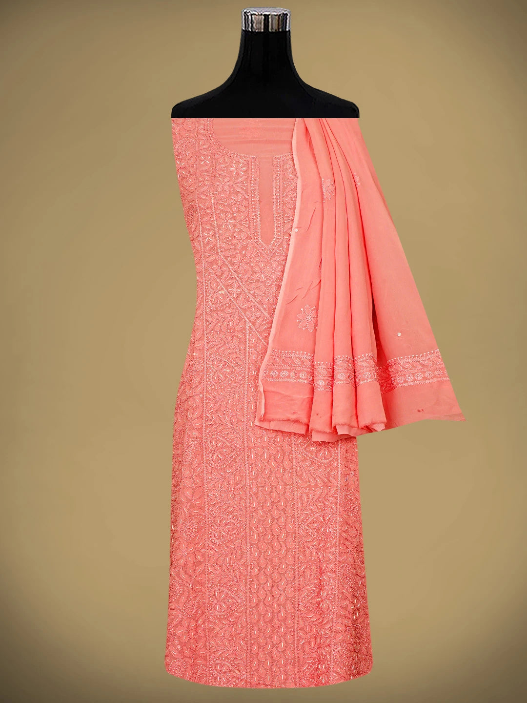 Ada Hand Embroidered Peachy Pink Viscose Georgette Lucknowi Chikankari Unstitched Kurta Dupatta Set With Zari Work 01A933568