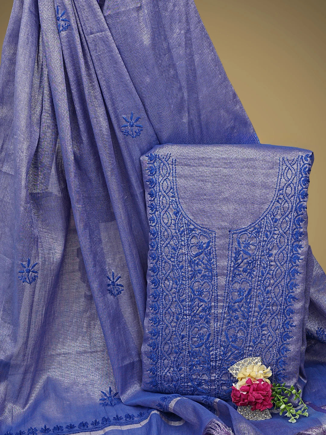 Ada Hand Embroidered Blue Grey Tissue Lucknowi Chikankari Unstitched Kurta Dupatta Set 01A946076
