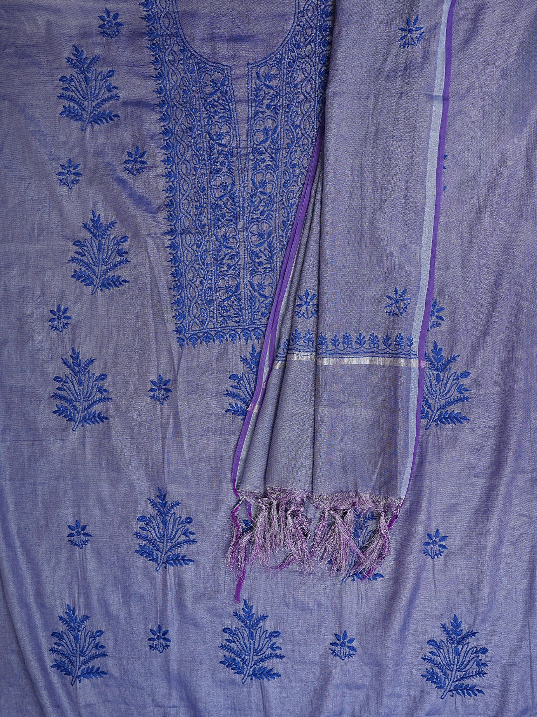 Ada Hand Embroidered Blue Grey Tissue Lucknowi Chikankari Unstitched Kurta Dupatta Set 01A946076