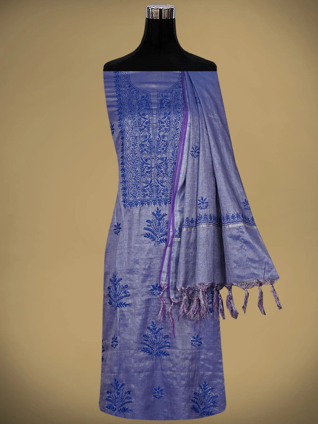 Ada Hand Embroidered Blue Grey Tissue Lucknowi Chikankari Unstitched Kurta Dupatta Set 01A946076