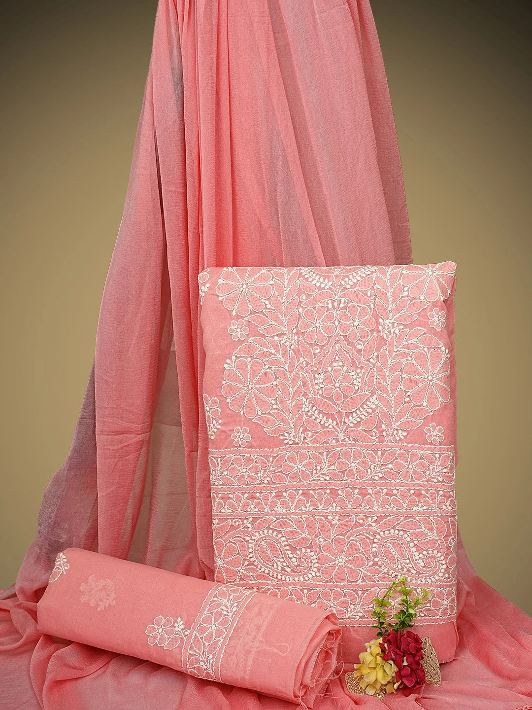 Ada Hand Embroidered Peach Cotton Lucknowi Chikankari Unstitched Suit Piece 01A960215