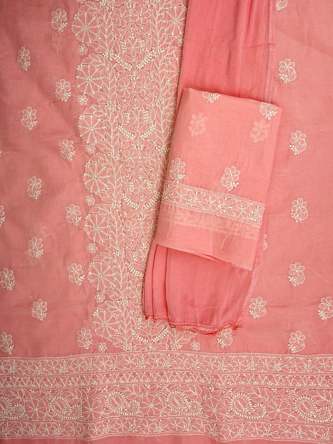 Ada Hand Embroidered Peach Cotton Lucknowi Chikankari Unstitched Suit Piece 01A960215