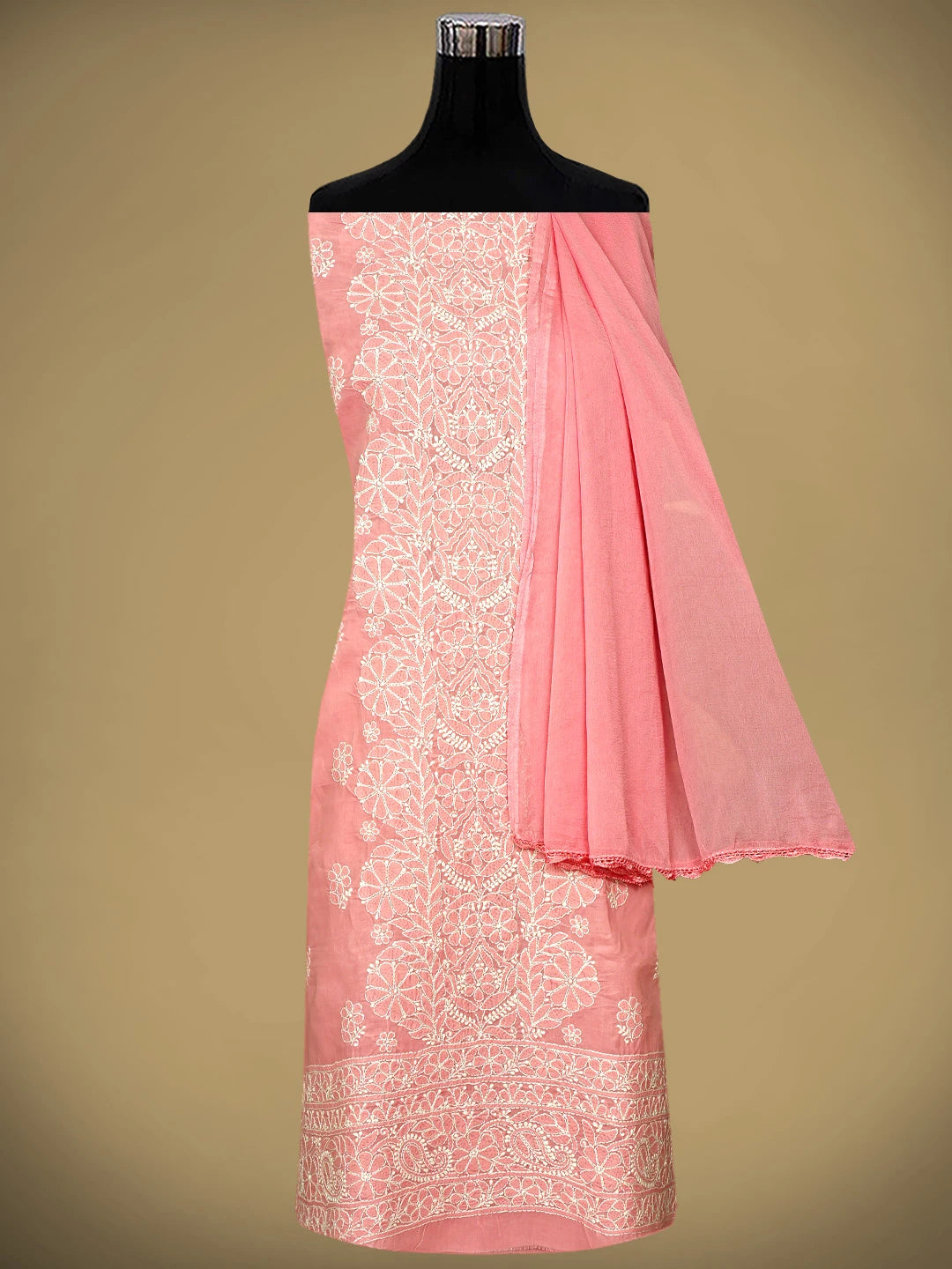 Ada Hand Embroidered Peach Cotton Lucknowi Chikankari Unstitched Suit Piece 01A960215